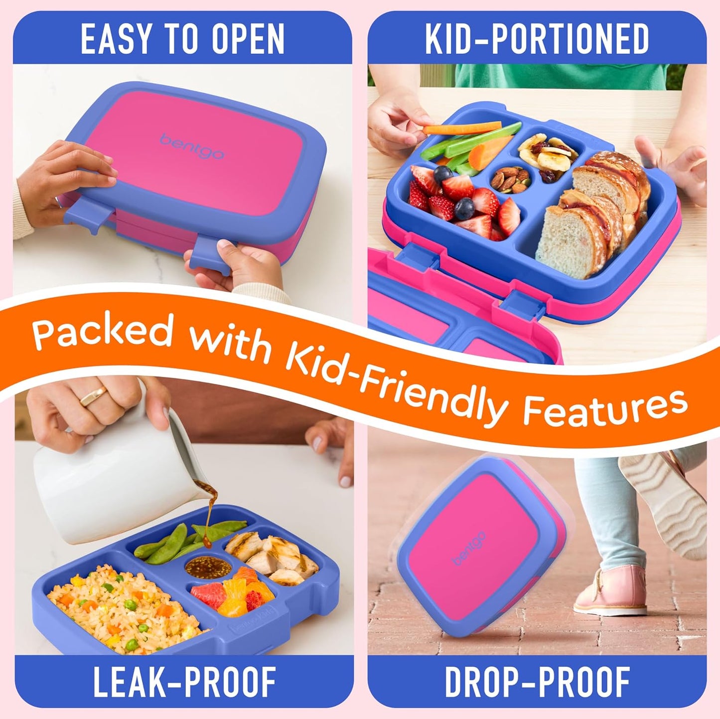 Bentgo Kids Bento-Style 5-Compartment Leak-Proof Lunch Box - Ideal Portion Sizes for Ages 3 to 7 - Durable, Drop-Proof, Dishwasher Safe, PFAS & BPA-Free & Made with Food-Safe Materials (Purple)