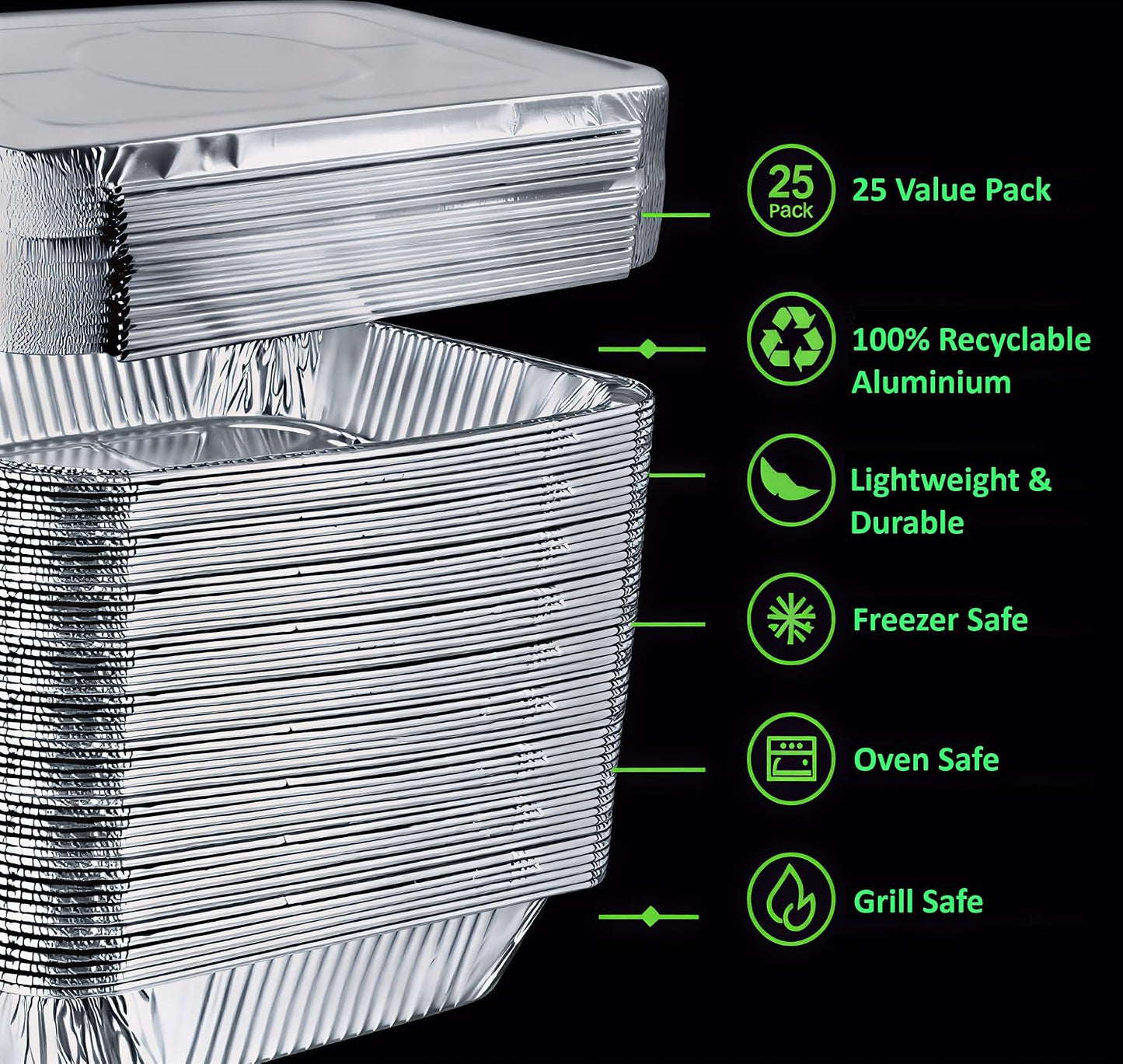 9x13 Inch Aluminum Foil Pans with Lids – 25 Pack Extra Heavy Duty Deep Disposable Half-Size Trays for Baking, Roasting, Cooking & Food Storage – Rectangular Silver Pans with Matching Lids