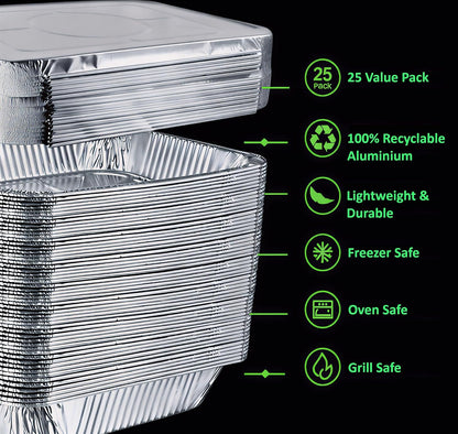 9x13 Inch Aluminum Foil Pans with Lids – 25 Pack Extra Heavy Duty Deep Disposable Half-Size Trays for Baking, Roasting, Cooking & Food Storage – Rectangular Silver Pans with Matching Lids