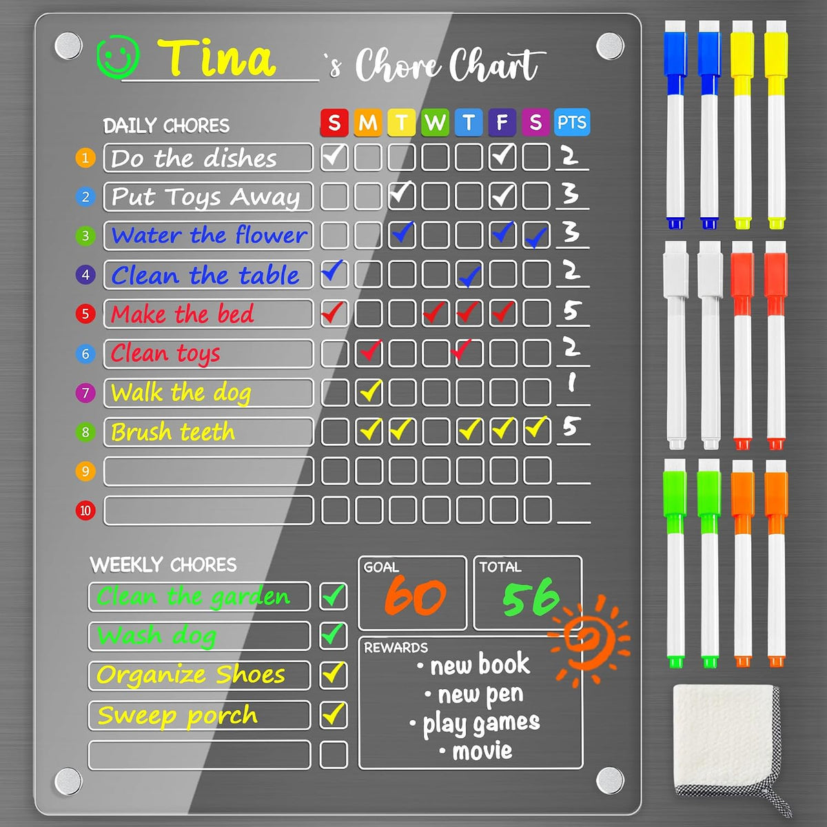 PigPotParty 2-in-1 Acrylic Magnetic Chore Chart for 2 Kids, Couples, Roommates, 15"x11" Large Dry Erase Chore Board for Fridge, Clear Weekly & Daily Reward Chart, Includes 12 Markers & Towel