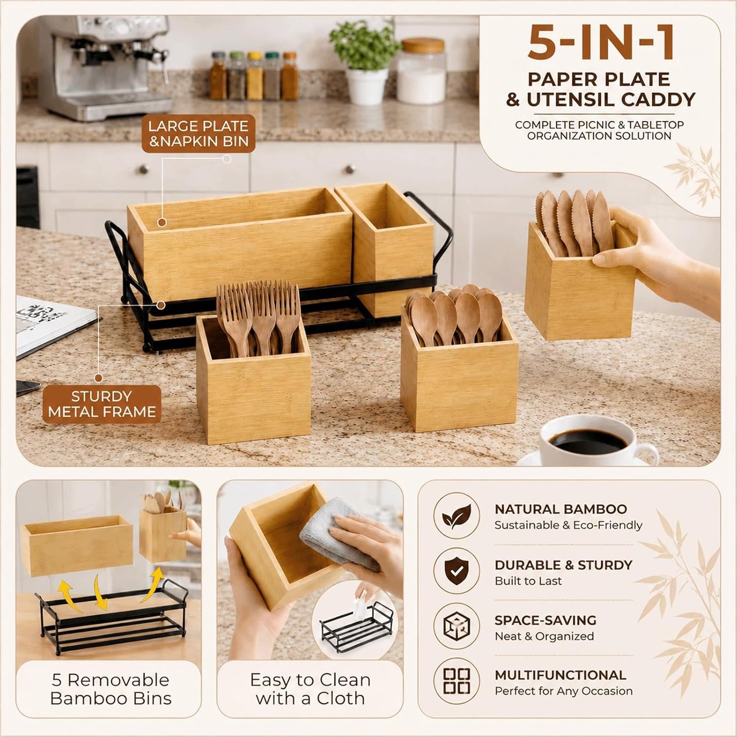 5-in-1 Bamboo Utensil Caddy and Paper Plate Organizer - Wooden Silverware Caddy with Napkin Holder and Portable Handle - Flatware Organizer for Kitchen Countertop, Camper RV, Buffet Party