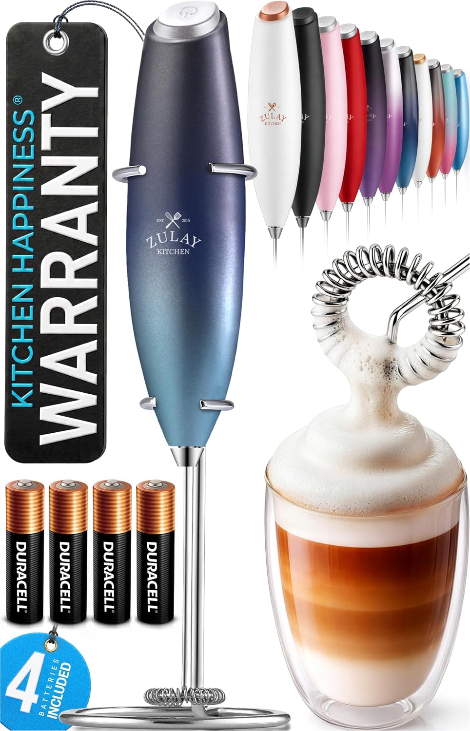 Zulay Kitchen Rechargeable Milk Frother Handheld - Frother Wand, Drink Mixer, Electric Whisk Frother, for Cappuccinos, Matcha & Protein Powder - Dynamic 3 Whisk, 3 Speed 500mAh Black - Colors A