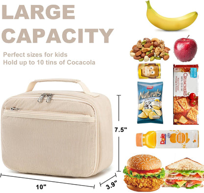 Bluboon Insulated Lunch Bag for Girls & Boys, Corduroy School Lunch Box with Cooler & Organizer Compartments, Leak-Proof Lunch Tote for School, Travel (Corduroy Strawberries Beige)