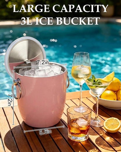 Insulated Ice Bucket, 3L Double Wall Stainless Steel Ice Bucket with Tongs,Lid, Scoop and Strainer, Ice Buckets for Parties,Cocktail Bars, Chilling Beer, Champagne, Wine Bottles