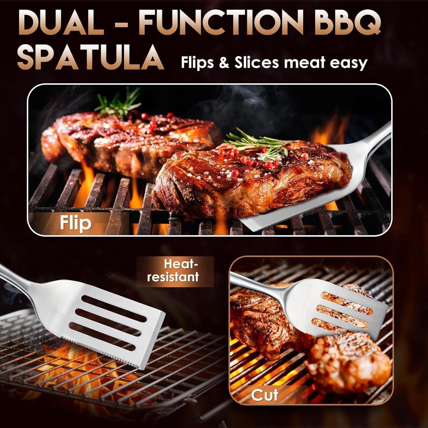 TIVOLI 4PCS Grilling Accessories, Heavy Duty BBQ Tool Set with Stainless Steel Spatula, Tongs, Fork, Cleaning Brush, Wood Handles Barbecue Utensils Kit for Outdoor, Perfect Grill Gifts for Dad Men