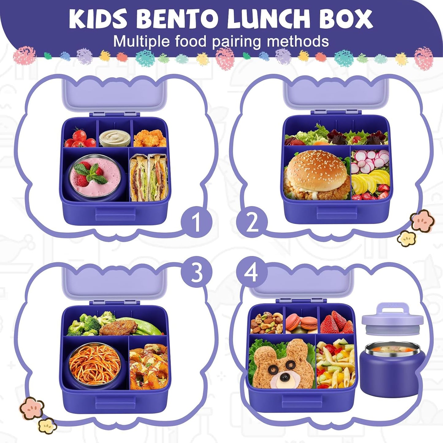 MAISON HUIS Bento Lunch Box with 8oz Soup Thermo and Insulated Lunch Bag, Kids Leakproof Lunch Food Containers with 5 Compartment, Boys Girls Thermo Hot Food Jar for Travel, School, BPA Free (Black)