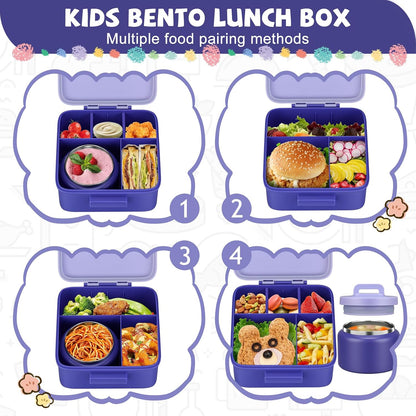MAISON HUIS Bento Lunch Box with 8oz Soup Thermo and Insulated Lunch Bag, Kids Leakproof Lunch Food Containers with 5 Compartment, Boys Girls Thermo Hot Food Jar for Travel, School, BPA Free (Black)