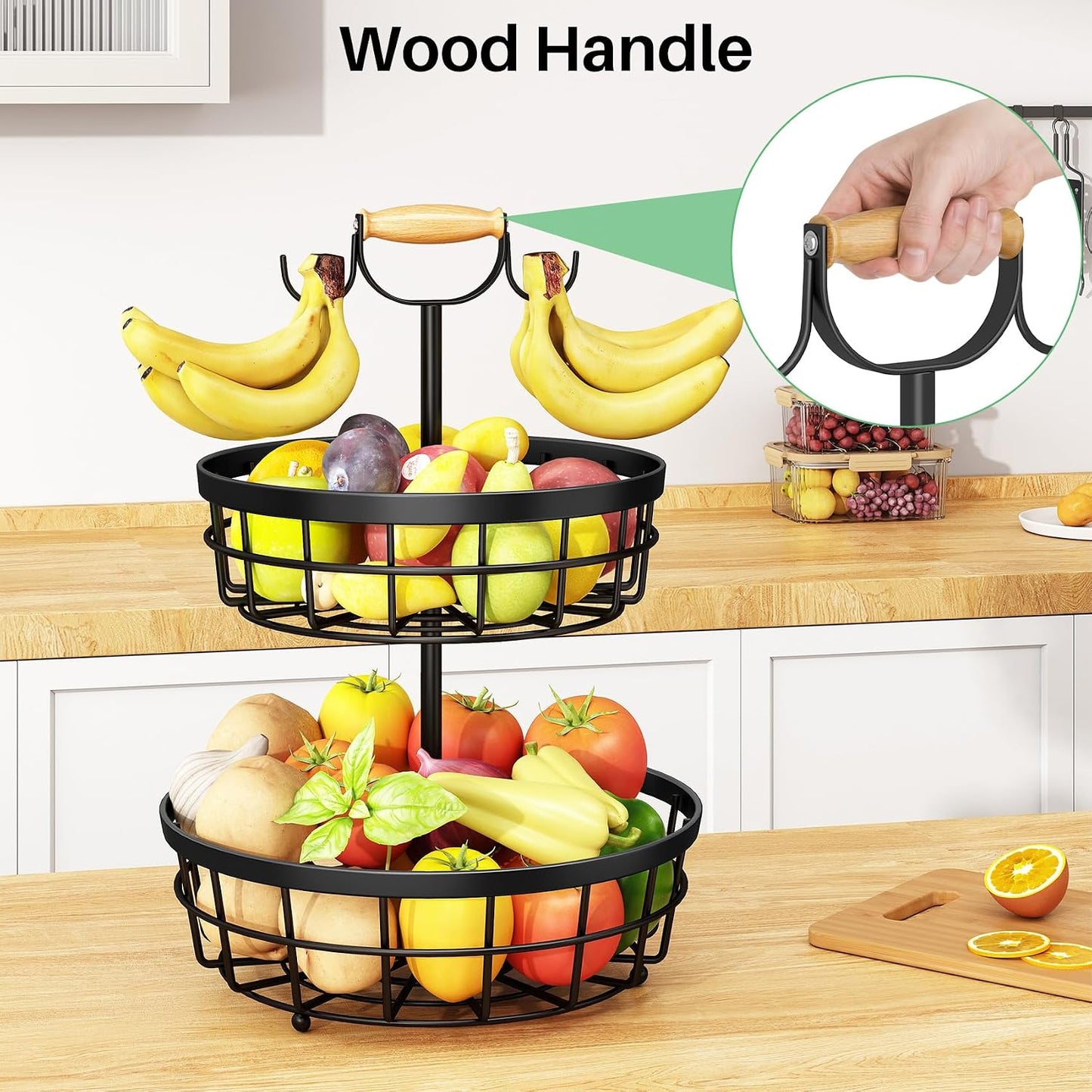 SAYZH 2-Tier Fruit Basket Bowl Vegetable Storage with 2 Banana Tree Hanger and Wood Lift Handle, Kitchen Countertop Metal Wire Basket for Bread Onions Potatoes (Black, 2 Tier)
