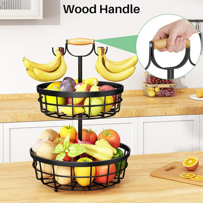 SAYZH 2-Tier Fruit Basket Bowl Vegetable Storage with 2 Banana Tree Hanger and Wood Lift Handle, Kitchen Countertop Metal Wire Basket for Bread Onions Potatoes (Black, 2 Tier)