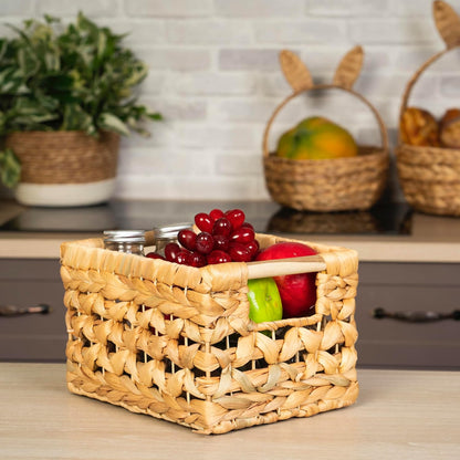 NAYA 11.6" Water Hyacinth Medium Wicker Shelf Basket – Storage Bin | Handwoven water hyacinth shelf basket with sturdy handles for pantry, towels and everyday home organization.