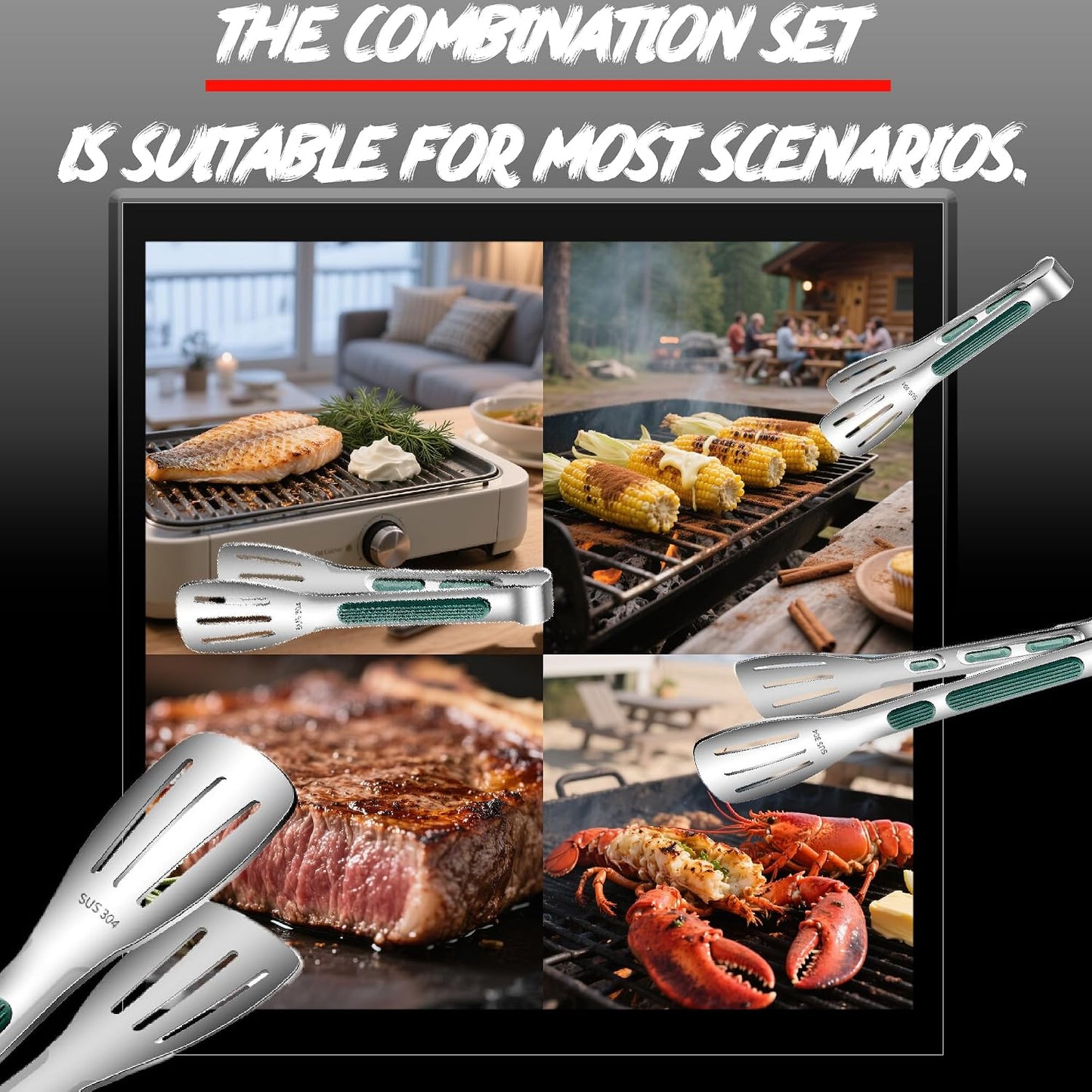 Stainless Steel Kitchen Tong Set - Anti-Slip Heat-Resistant Grip, Widened 3-Line Slotted Heads for Easy Clamping (Steaks, BBQ, Pasta, Salads), Easy Clean for Versatile Use Set of 3-6", Silver