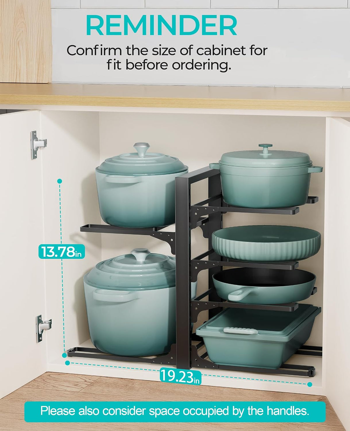 ORDORA Pots and Pans Organizer Under Cabinet 16.6", 8-Tier Adjustable Rack