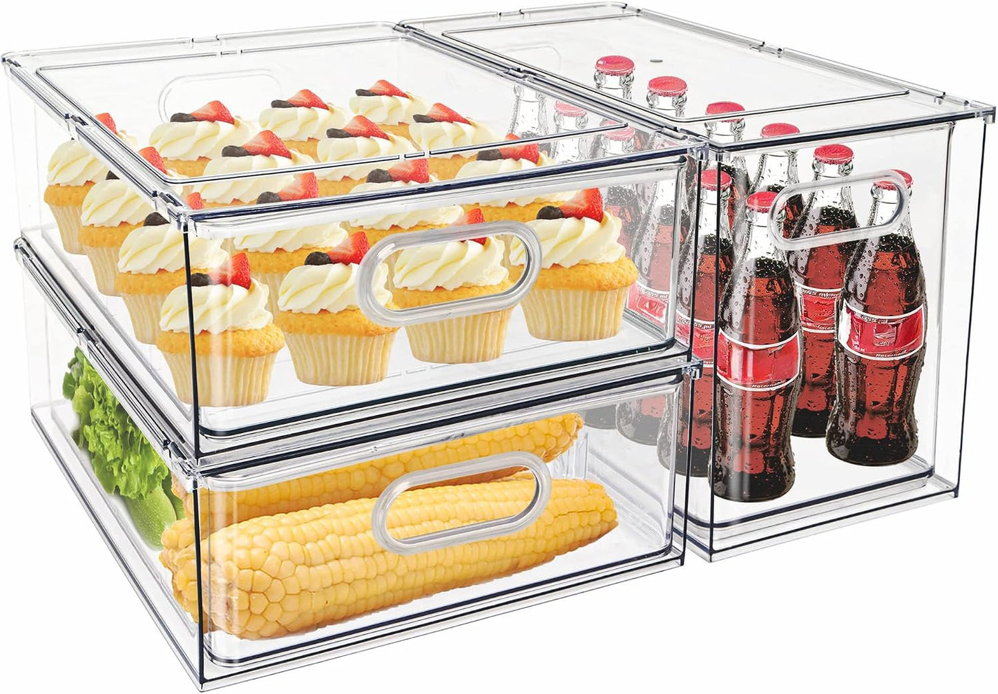 Mano Stackable Fridge Drawers Pull Out Bins with Handle Clear Refrigerator Drawers Organizer Food Storage Container Box with Dividers Plastic Produce Saver for Pantry, Cabinet, Kitchen, Clothes（7Pack）
