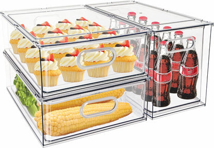 Mano Stackable Fridge Drawers Pull Out Bins with Handle Clear Refrigerator Drawers Organizer Food Storage Container Box with Dividers Plastic Produce Saver for Pantry, Cabinet, Kitchen, Clothes（7Pack）