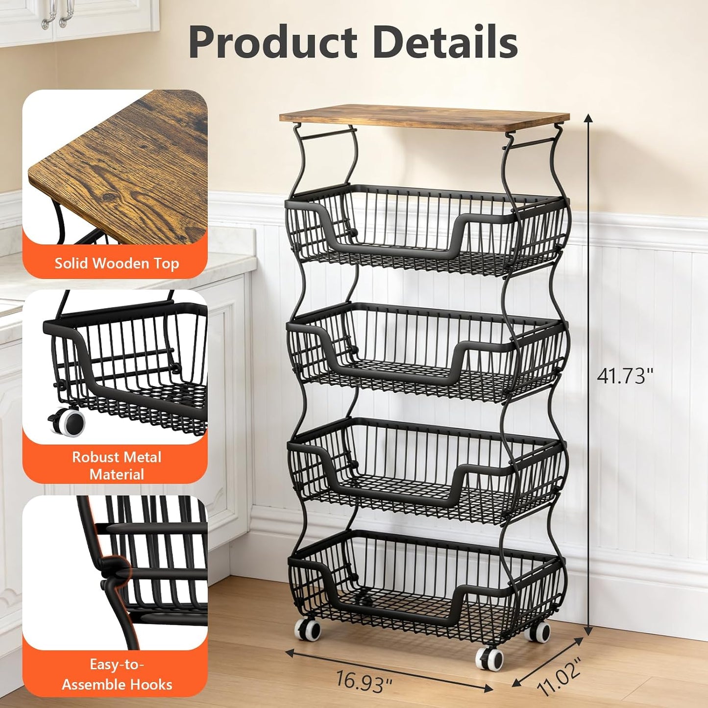 2 Pack 3-Tier Rolling Kitchen Storage Cart Fruit Basket Stand for Vegetables & Snacks Stackable Wire Pantry Floor Organizer with Wheels for Kitchen, Living Room, Bedroom, Office (Black)
