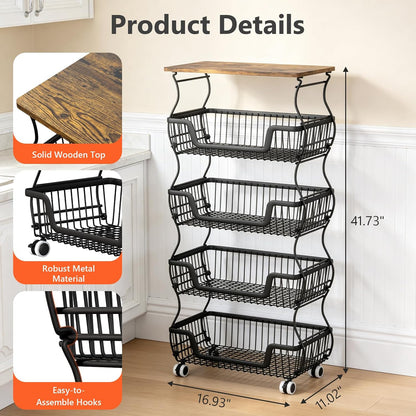 2 Pack 3-Tier Rolling Kitchen Storage Cart Fruit Basket Stand for Vegetables & Snacks Stackable Wire Pantry Floor Organizer with Wheels for Kitchen, Living Room, Bedroom, Office (Black)