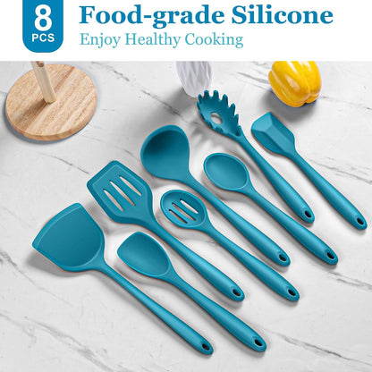LIANYU Non-Toxic Silicone Kitchen Utensils Set, 8 Piece Non-Scratch Cooking Spoons & Spatulas, Stainless Steel Core, Heat Resistant & Dishwasher Safe, Khaki
