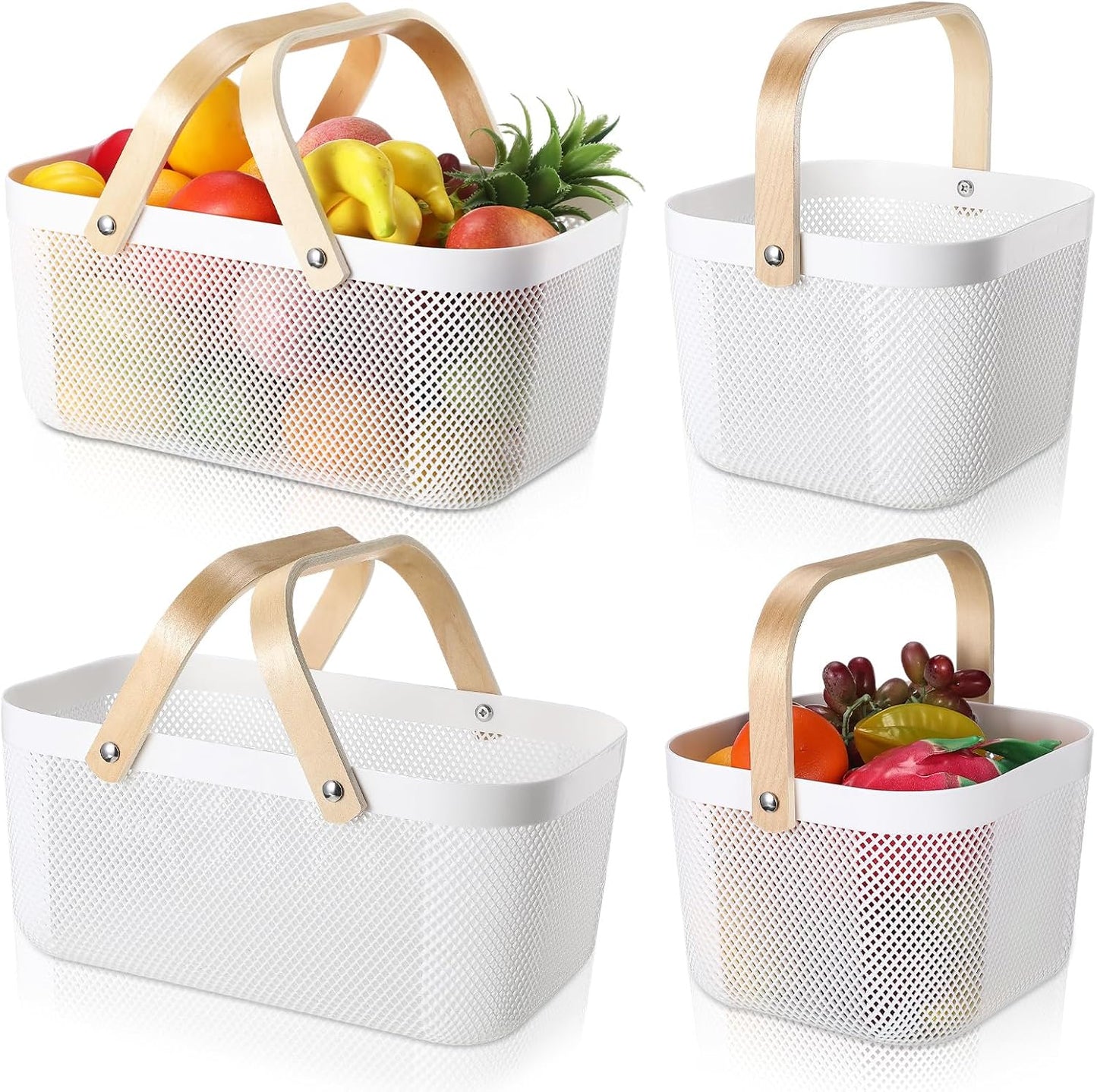 Sadnyy 4 Pcs Plastic Mesh Garden Harvest Basket Storage Basket with Wooden Handle Multi Functional Mesh Bin for Kitchen Cabinet Picnic Fruit Vegetable Gathering Organizer(Large,White)