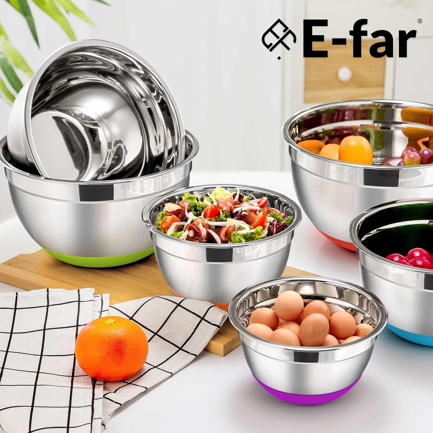 E-far Stainless Steel Mixing Bowls with Lids Set, 5-Piece Nesting Salad Bowls with 3 Grater Attachments and Non-Slip Bottoms, Size 4.6, 2.6, 2, 1.5, 1QT for Kitchen (Khaki)