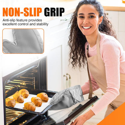 Silicone Oven Mitts, Heat Resistant 2PCS Oven Mitts with Soft Cotton Lining, Waterproof Non-Slip Grip Oven Glove, Kitchen Potholder Mits for BBQ, Baking, Cooking, 12.5 Inch - Grey