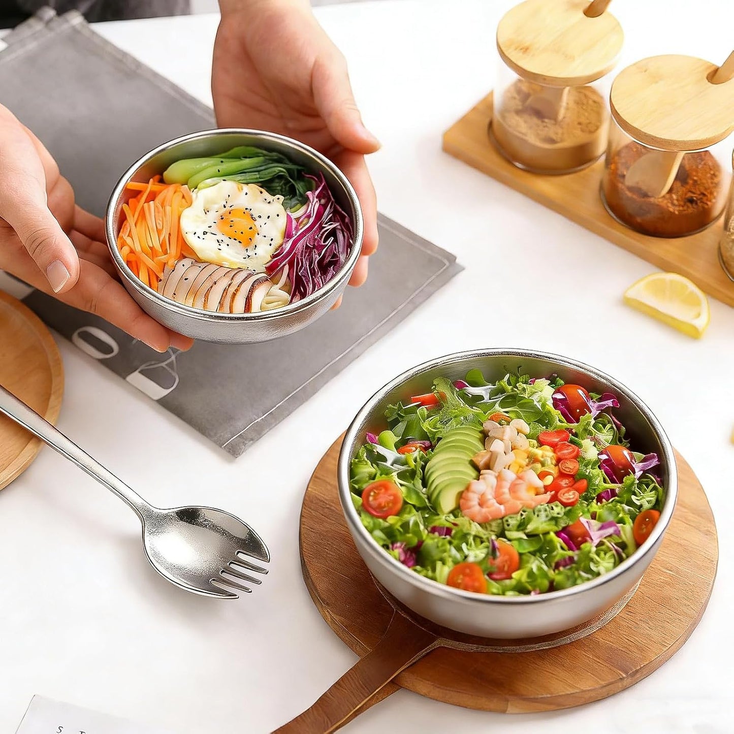 Mixing Bowls, 2 PCS Salad Bowls Set, Stainless Steel Metal Nesting Bowls with Salad Fork, 6 & 8 Inch Fruit Bowls for Cooking, Baking, Prepping, Dishwasher Safe Kitchen Supplies