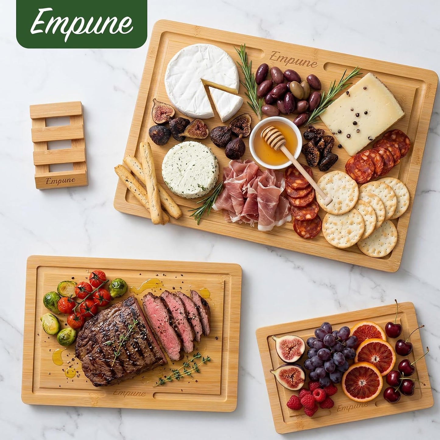 Empune Bamboo Cutting Boards for Kitchen, 3 Piece Extra Thick Cutting Board Set with Juice Groove, Deep Carbonized Bamboo Chopping Board, Reversible Wood Cutting Board for charcuterie boards, Brown