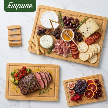 Empune Bamboo Cutting Boards for Kitchen, 3 Piece Extra Thick Cutting Board Set with Juice Groove, Deep Carbonized Bamboo Chopping Board, Reversible Wood Cutting Board for charcuterie boards, Brown