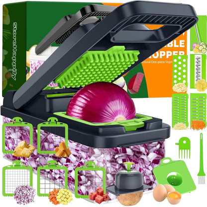 12-in-1 Vegetable Chopper 7 Blades, Veggie Cutter with Handle, Black/White