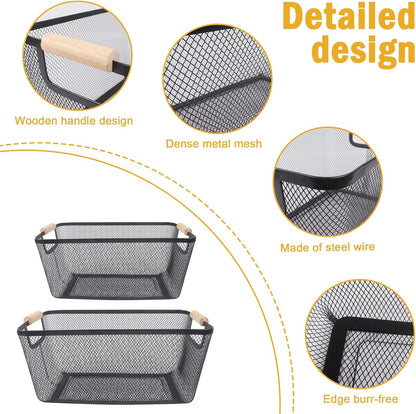Potato and Onion Storage Bin, 2 Set Potato Bin Storage and Onion Container with Wooden Handle, Pantry Kitchen Organization and Storage, Metal Mesh Baskets for Fruit, Vegetable, Produce-White