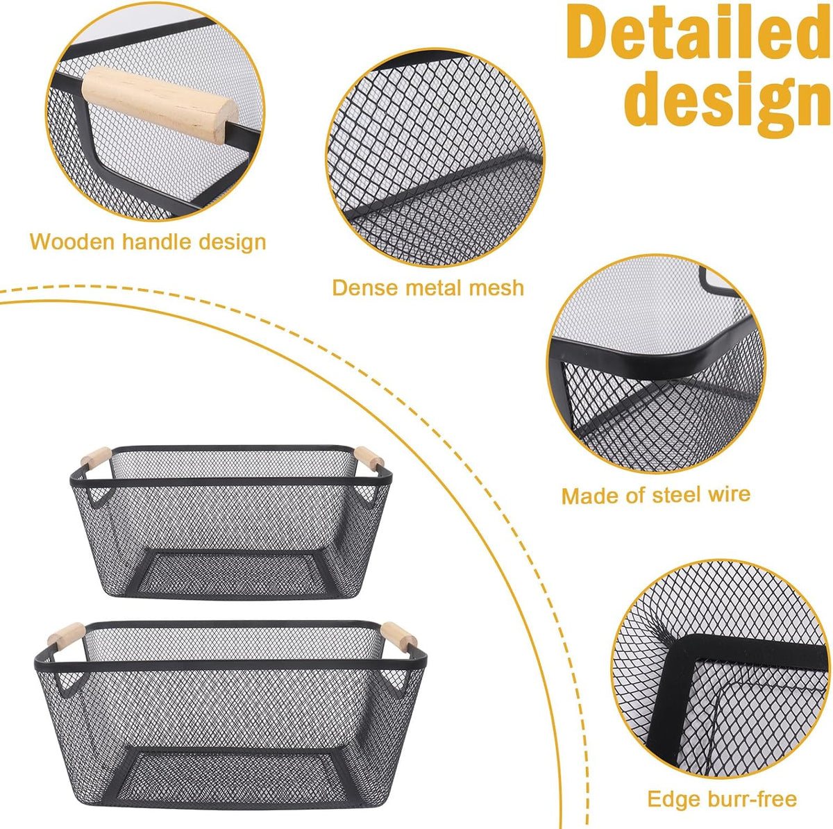 Potato and Onion Storage Bin, 2 Set Potato Bin Storage and Onion Container with Wooden Handle, Pantry Kitchen Organization and Storage, Metal Mesh Baskets for Fruit, Vegetable, Produce-White