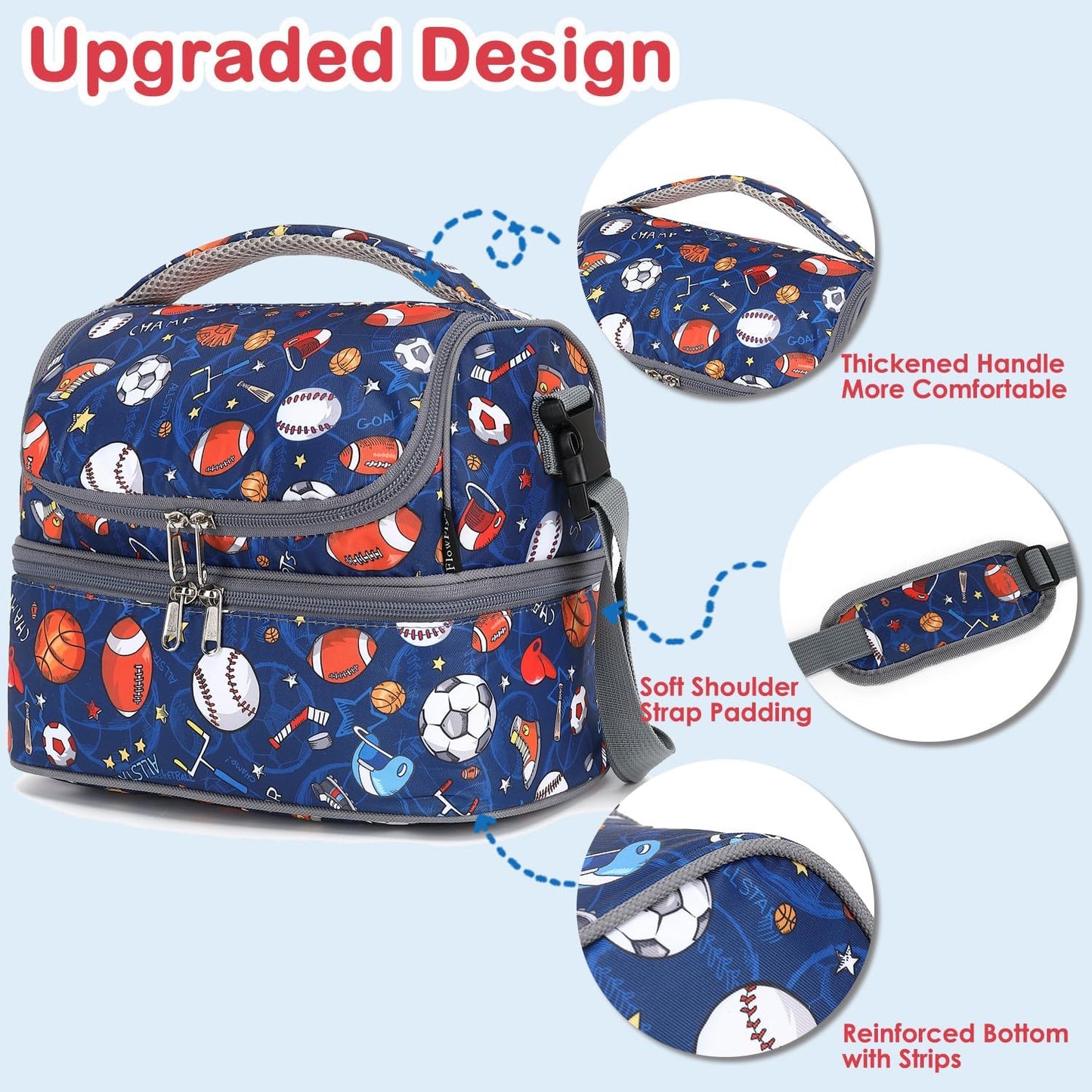 FlowFly Kids Double Decker Cooler Insulated Lunch Bag Large Tote for Boys, Girls, Men, Women, With Adjustable Strap, Unicorn