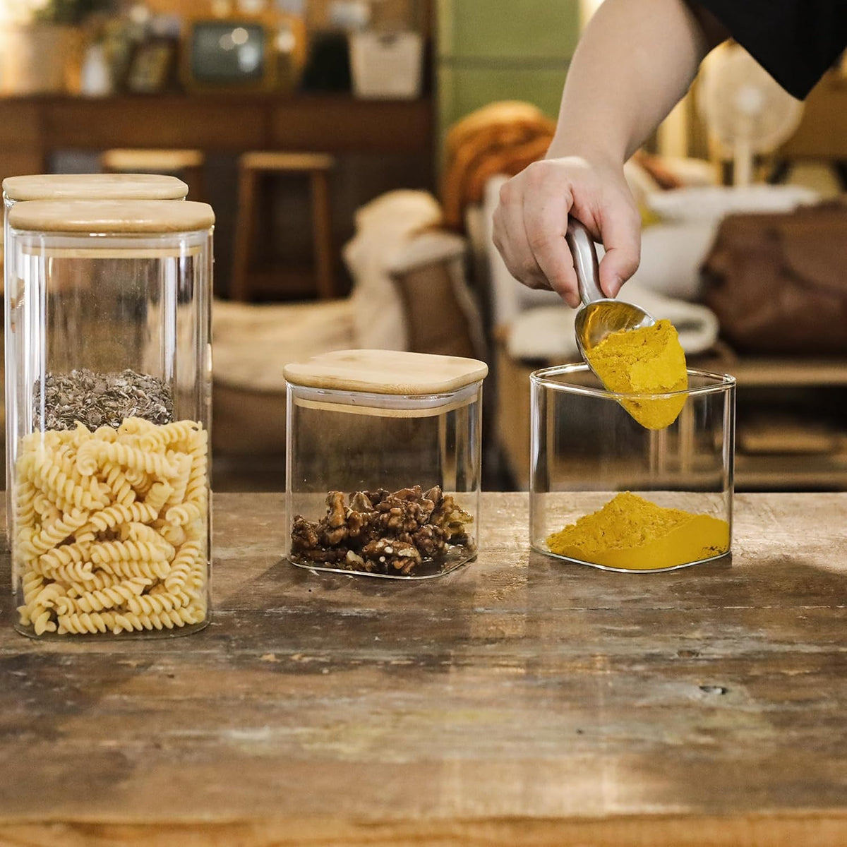 LIBWYS 12-Pack Square Glass Storage Jars with Bamboo Lids (0.6Qt/1.06Qt) - Stackable Food Containers for Pantry Organization, Coffee, Flour, Snacks, Tea | Kitchen Canisters Set