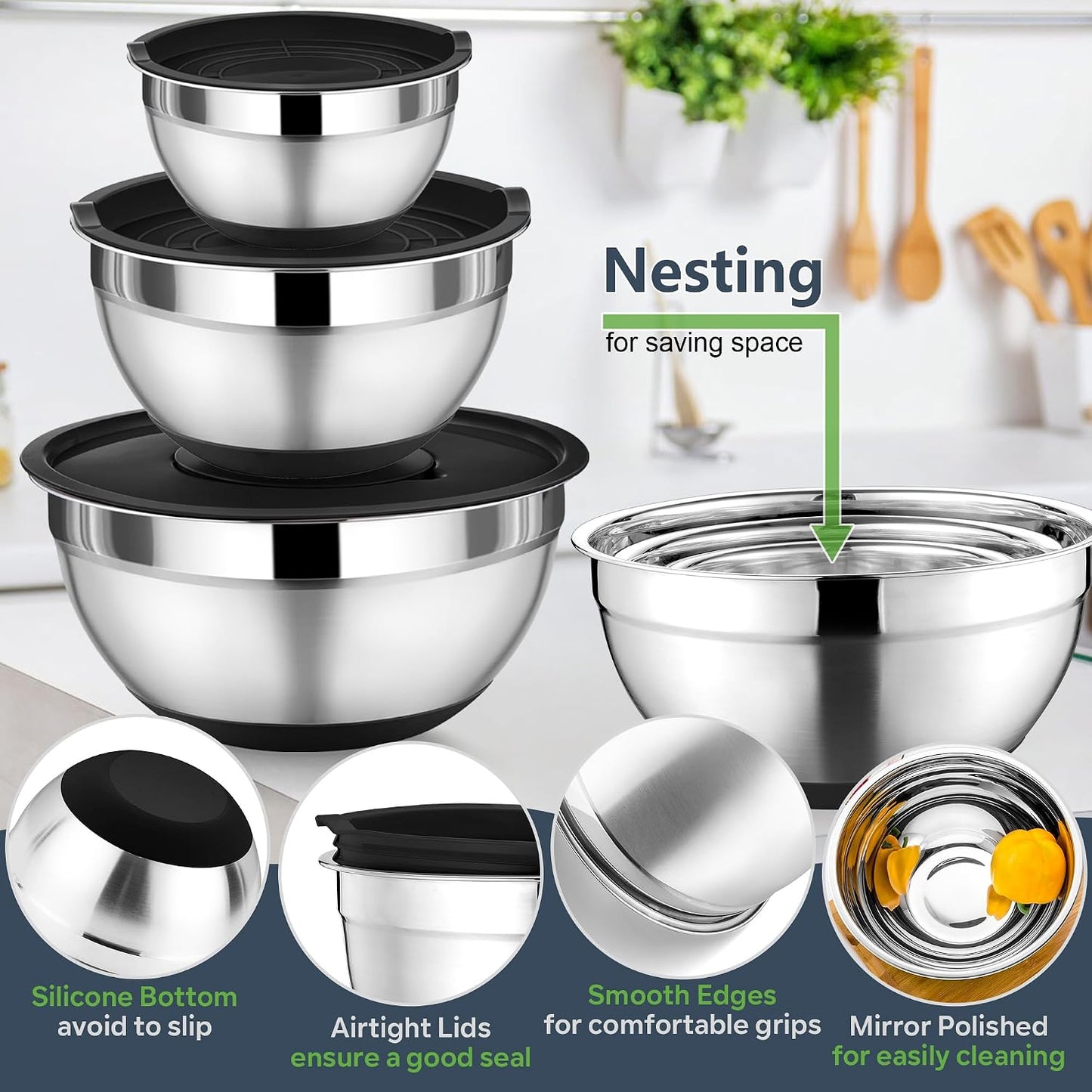 P&P CHEF Mixing Bowl with Lids Set of 3, Stainless Steel Nesting Salad Bowls for Serving Preparing, 3 Grater Attachments & Non-Slip Bottoms, Size 1.5/2.6/4.6 QT, Khaki