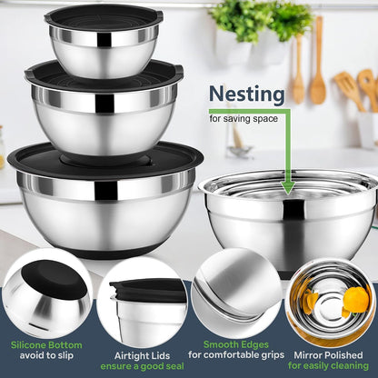 P&P CHEF Mixing Bowl with Lids Set of 3, Stainless Steel Nesting Salad Bowls for Serving Preparing, 3 Grater Attachments & Non-Slip Bottoms, Size 1.5/2.6/4.6 QT, Khaki
