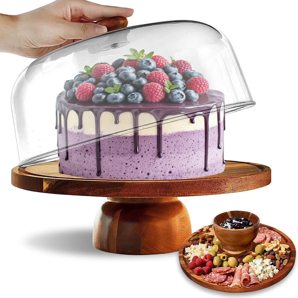 Acacia-Wood-Cake-Stand With Acrylic Lid, Rectangular Cake Plates Charcuterie Board With Cover, 2-in-1 Cake Holder With Dome，Dessert Table Display Stand For Cheese, Chips & Dips, Nachos, Fruit Platter