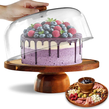 Acacia-Wood-Cake-Stand With Acrylic Lid, Rectangular Cake Plates Charcuterie Board With Cover, 2-in-1 Cake Holder With Dome，Dessert Table Display Stand For Cheese, Chips & Dips, Nachos, Fruit Platter