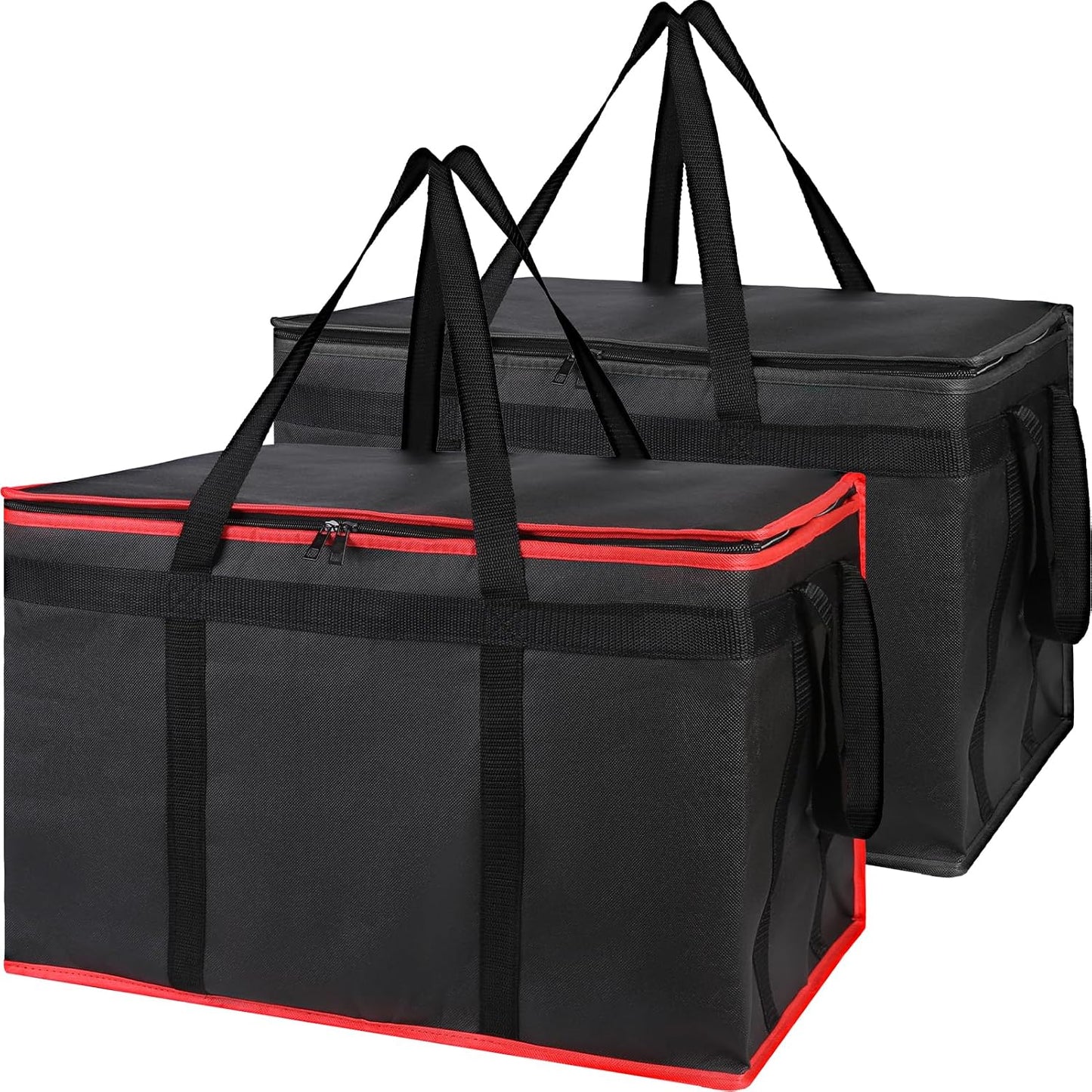 Bodaon 2-Pack Insulated Food Delivery Bag, XXX-Large Meal Grocery Tote Insulation Bag for Hot and cold Food, Commercial, Large Capacity Reusable Warming Bag, Heavy Duty Pizza Carrier, Black + Red