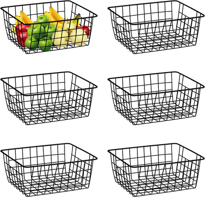 Metal Wire Baskets, Dveda 6 Pack 11.02" x 8.7" x 4.7" Durable Metal Storage Basket, Black Wire Basket with Handles for Cabinets, Pantry Storage, Bathroom, Shelf Organizing