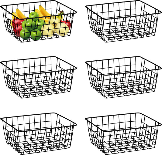 Metal Wire Baskets, Dveda 6 Pack 11.02" x 8.7" x 4.7" Durable Metal Storage Basket, Black Wire Basket with Handles for Cabinets, Pantry Storage, Bathroom, Shelf Organizing
