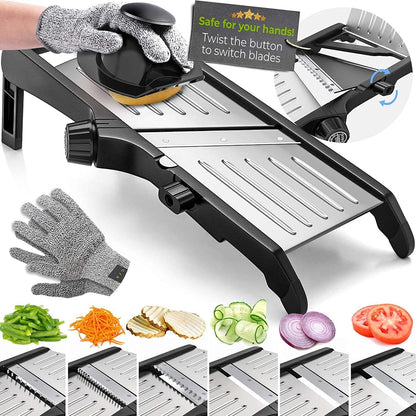 Gramercy Adjustable Mandoline Food Slicer, Mandoline Slicer for Kitchen, Mandolin, Potato, Tomato, Carrot, Vegetable, Fruit and Onion Cutter - Stainless Steel - INCLUDING 1 Pair Cut-Resistant Gloves