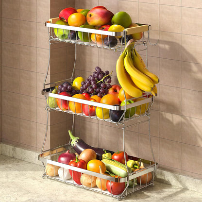Sevenblue 2 Tier Large Fruit Basket for Kitchen Counter with 2 Mobile Banana Hangers, 2026 Pro Detachable Metal Fruit Bowl with Wooden Handle, Fruit Holder for Bread Snack Veggies with Protective Mats