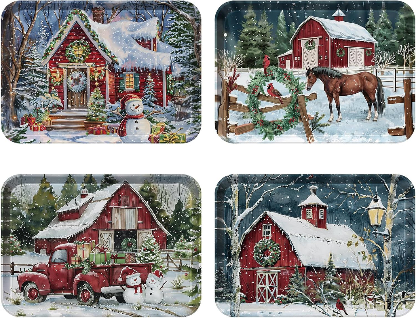 4-Piece 15 x 11 Inch Christmas Serving Tray Set, Melamine Reusable Platters with Red Barns, Snowmen, Horses, and Truck, Holiday Party Snack, Fruit, Dessert, and Candy Dishes