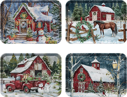 4-Piece 15 x 11 Inch Christmas Serving Tray Set, Melamine Reusable Platters with Red Barns, Snowmen, Horses, and Truck, Holiday Party Snack, Fruit, Dessert, and Candy Dishes