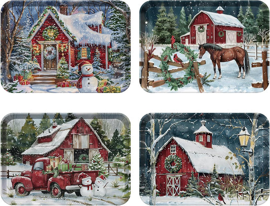 4-Piece 15 x 11 Inch Christmas Serving Tray Set, Melamine Reusable Platters with Red Barns, Snowmen, Horses, and Truck, Holiday Party Snack, Fruit, Dessert, and Candy Dishes