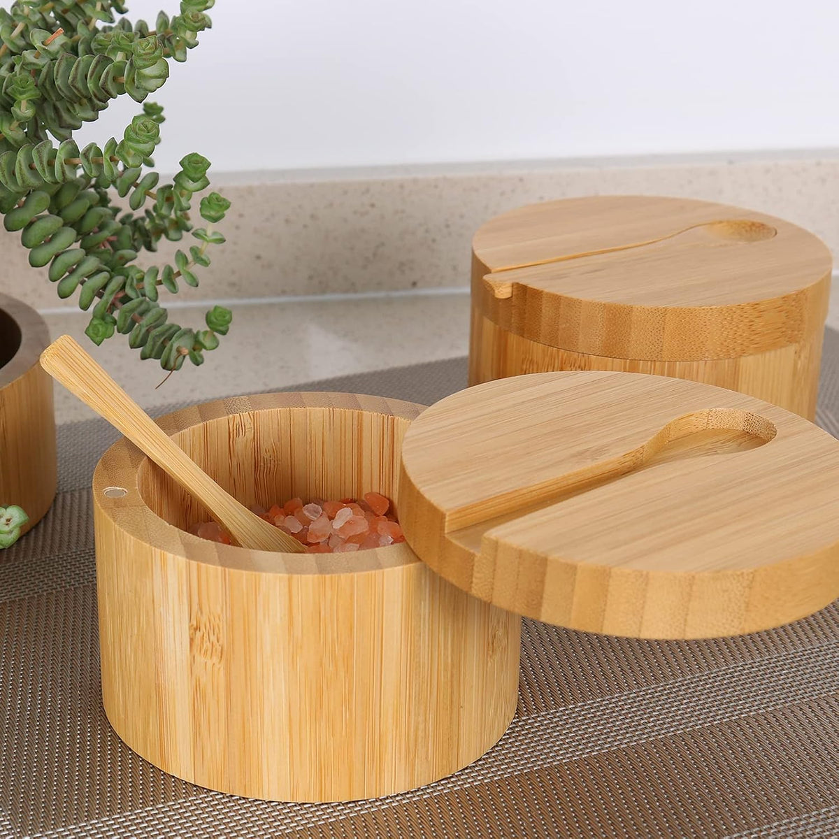 HTB Bamboo Salt Cellar with Mini Spoon and Magnetic Swivel Lid