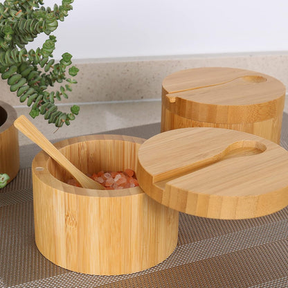 HTB Bamboo Salt Cellar with Mini Spoon and Magnetic Swivel Lid