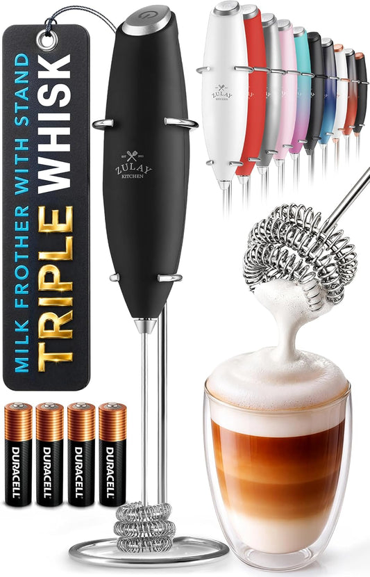 Zulay Kitchen Powerful Milk Frother Wand With Duracell Batteries - Ultra Fast Handheld Drink Mixer - Electric Whisk Foam Maker for Coffee, Lattes, Cappuccino & Matcha - Triple Whisk - Black - Colors A