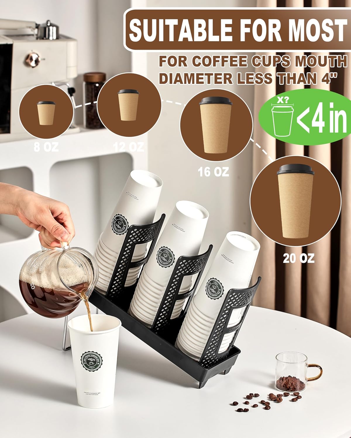 Coffee Cup Holder,Cup and Lid Dispenser with Stand,Disposable Cups Organizer,3 Slots,for Coffee Station,Bar,Office,Home,Restaurant,Breakroom,Countertop