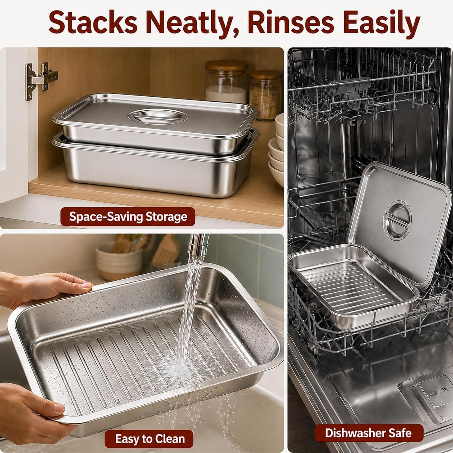 Grill Prep & Serve Tray Set with Lids, 5-Piece Food Prep System for Marinating, Carrying & Serving, Stainless Steel BBQ Trays for Raw & Cooked Food Separation (Rack Included)