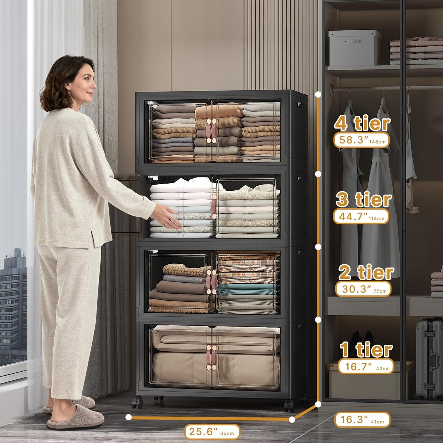 UAMFURI 720QT Stackable Storage Bins with Lids, Extra Large Storage Cabinet with Doors and Wheels, Collapsible Plastic Storage Box for Bedroom Dorm Office Garage